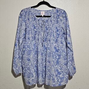 Nimo blue white print cotton silk shirt blouse women small fish print nautical